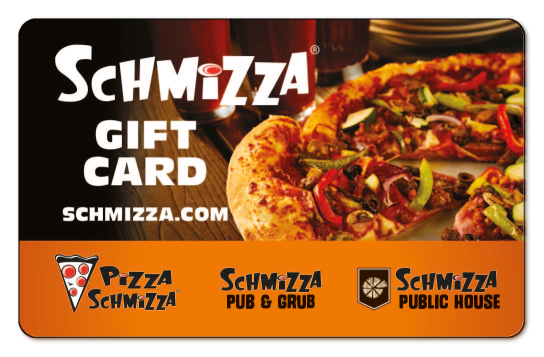 schmizza logo on a background of a pizza